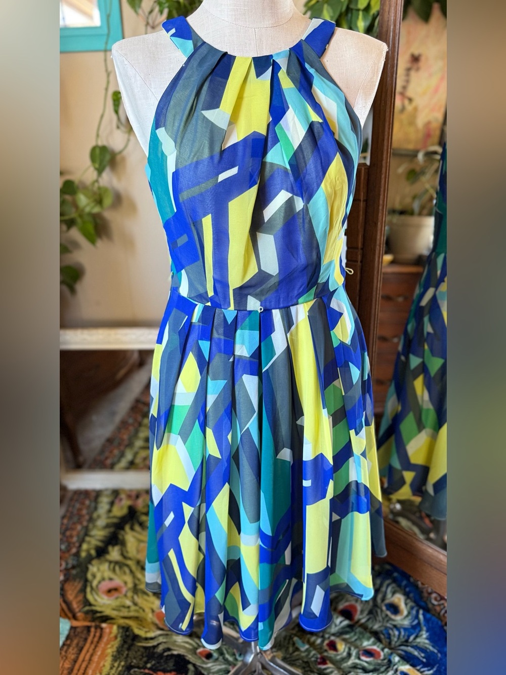 Coldwater Creek Sleeveless Abstract Blue, Yellow & Teal Dress, size 10